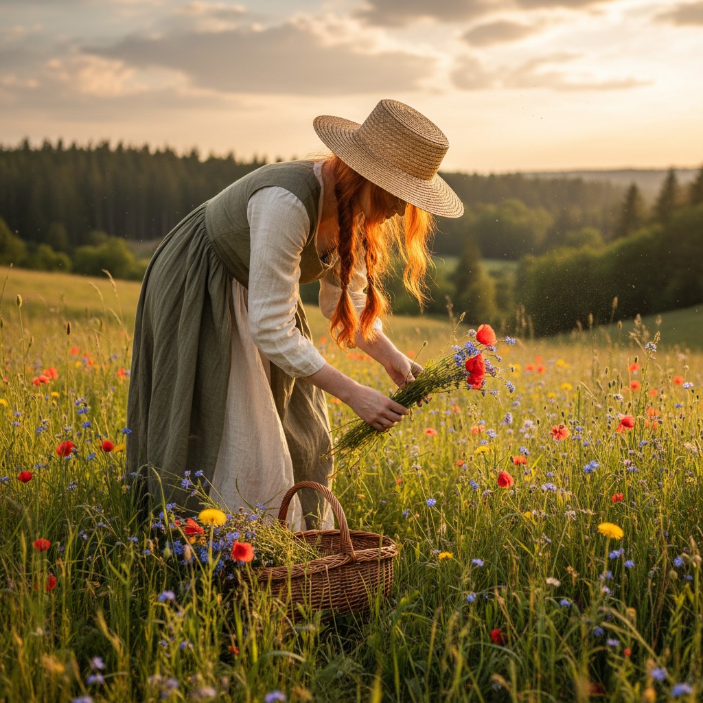 redhead picking flowers